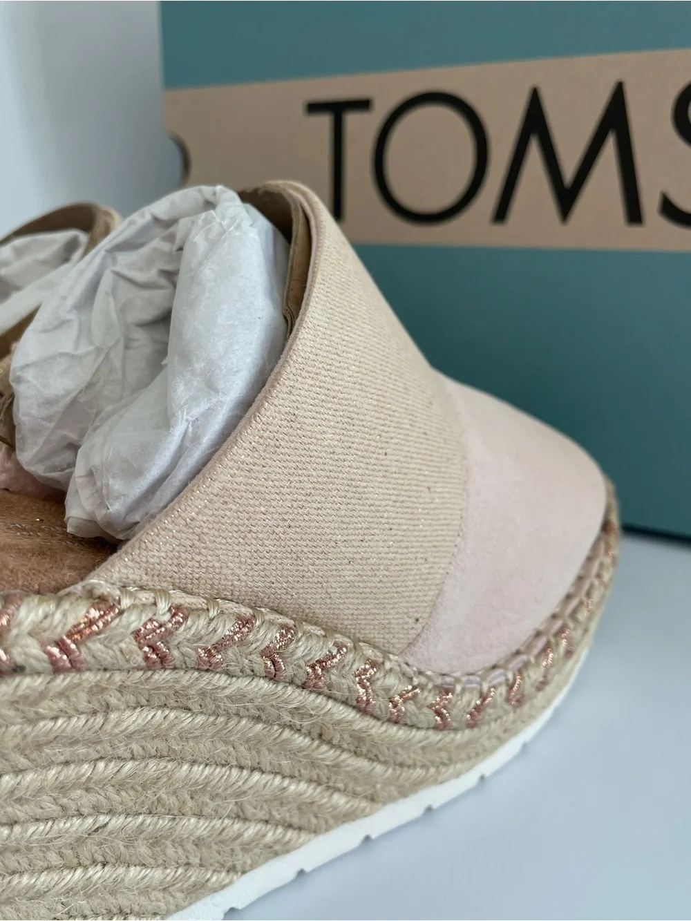 TOMS Blush Pink Canvas Espadrille Wedge Slides Monica Mule NEW in BOX